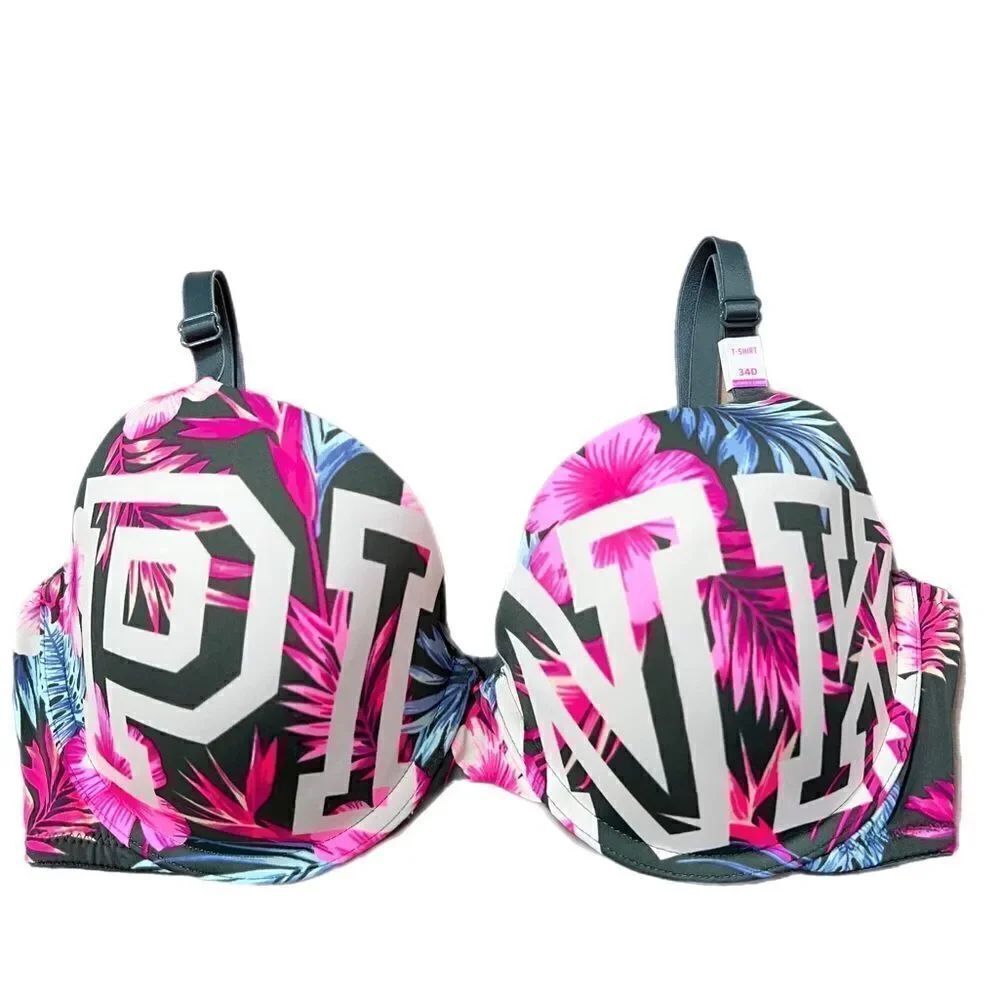 Victoria’s Secret Pink Wear Everywhere T- shirt Lightly Lined Pink Logo Bra 34D